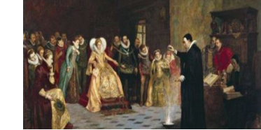 Dr John Dee giving a presentation to the Queen at his house in Mortlake